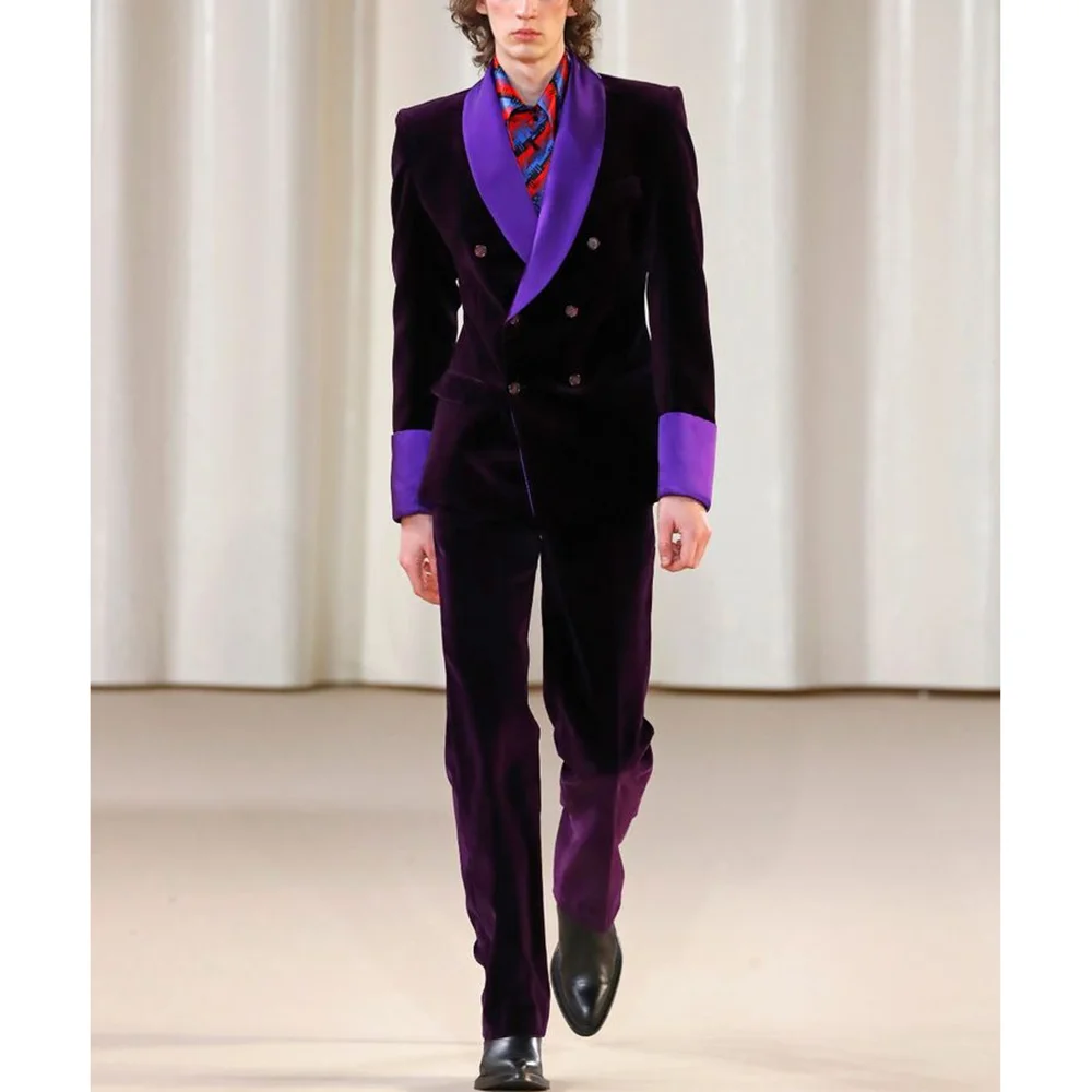 

Luxury Purple Velvet Double Breasted Men Suit Peaked Lapel Business Casual Formal Costume Homme 2 Pcs Set Jacket Pants