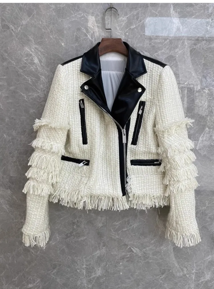 

Women's Clothing High quality fringed tweed patchwork jacket Autumn Winter New NO.9