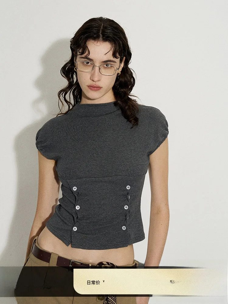 

Женская однотонная футболка Ceci Tang с воротником-стойкой из искусственного меха, на пуговицах, универсальная, летняя, для повседневной носки, из смесового хлопка