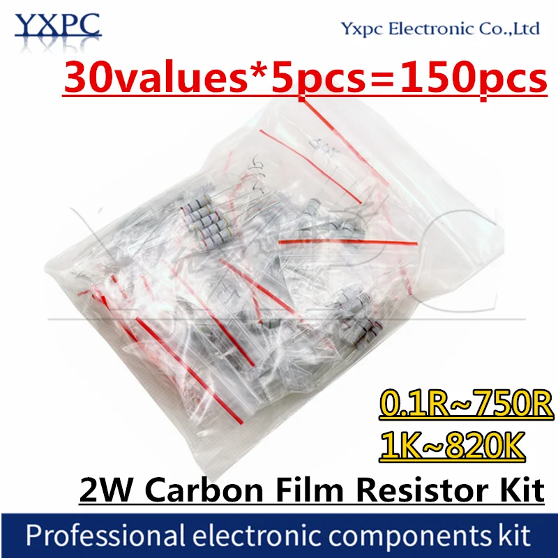 

30values*5pcs=150pcs Carbon Film Resistor Kit 2W 5% 1K -820K 0.1R~750R ohm 10R 100R 10K 100K commonly resistance resistor pack