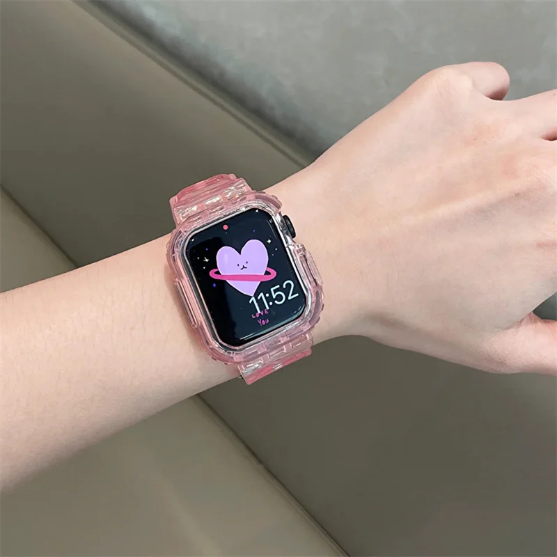 Cute Pink Transparent Case+Strap For Apple Watch Band 49mm 41mm 40mm 44mm 42mm 38 Silicone Bracelet For iWatch 8 7 SE 6 5 Cases