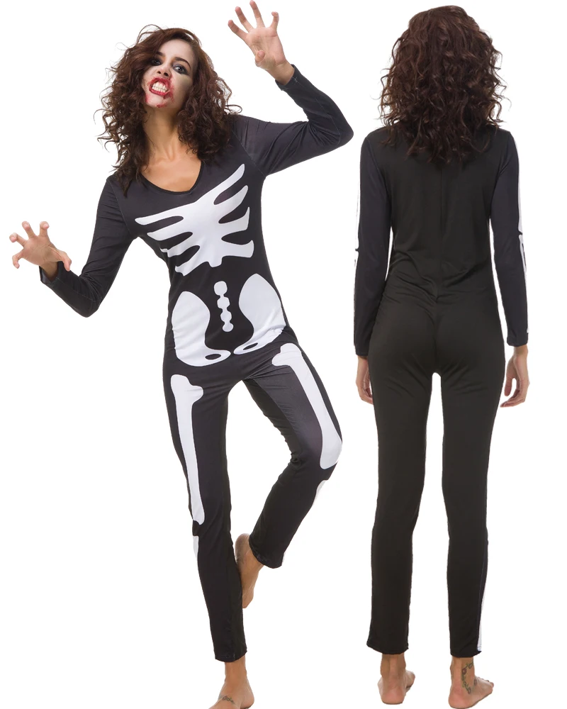 Kostum zombie horor cetak kerangka karnaval Halloween, kostum hantu tengkorak, jumpsuit tengkorak bermain peran, kostum cetak 3D