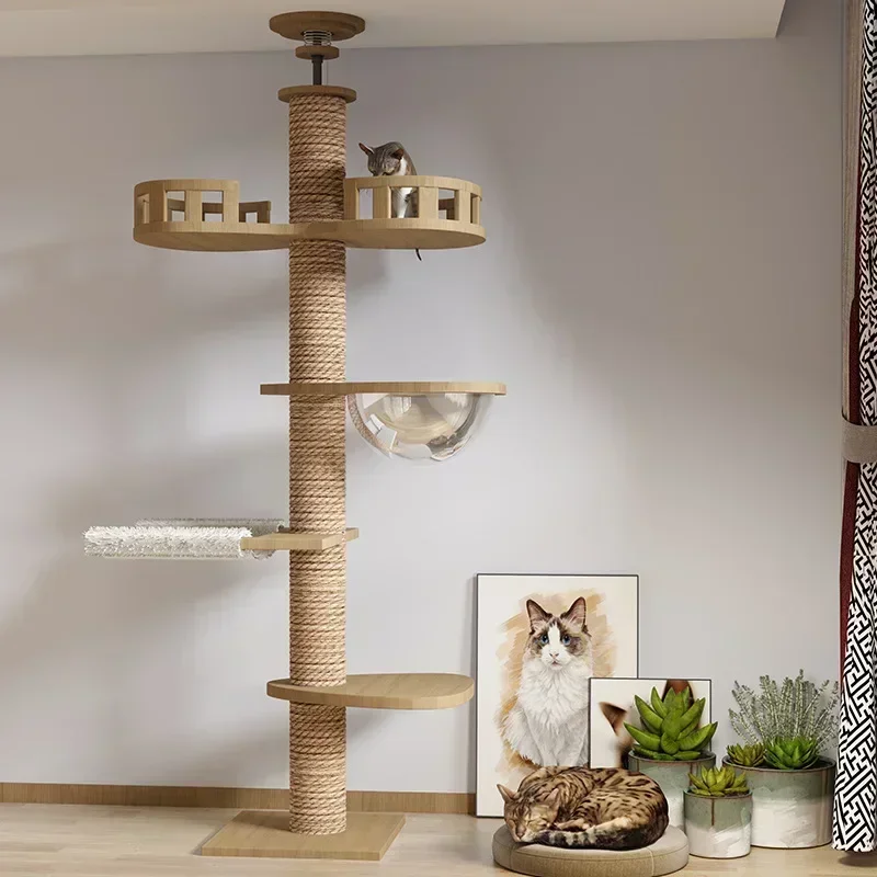 Cat Tower Pillar Tree with Hammock Toy Bed Cat Ceiling Tree Tower Multi-Layer Cat Climbing Frame Tree