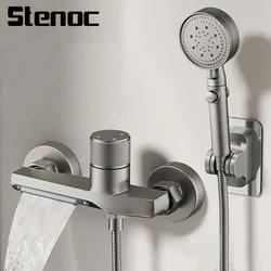 Stenoc Simple Gun Grey Waterfall Bathtub Faucet Set Handheld Shower Head Black Brass Hot And Cold Water Mixer Tap Single Handle
