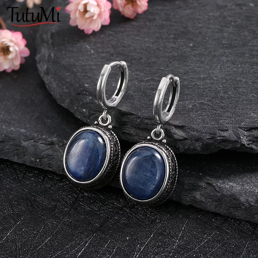 925 Sterling Silver Earrings Oval Natural Kyanite Labradorite Hoop Earrings for Women Wedding Party Gift Retro Earring Jewelry