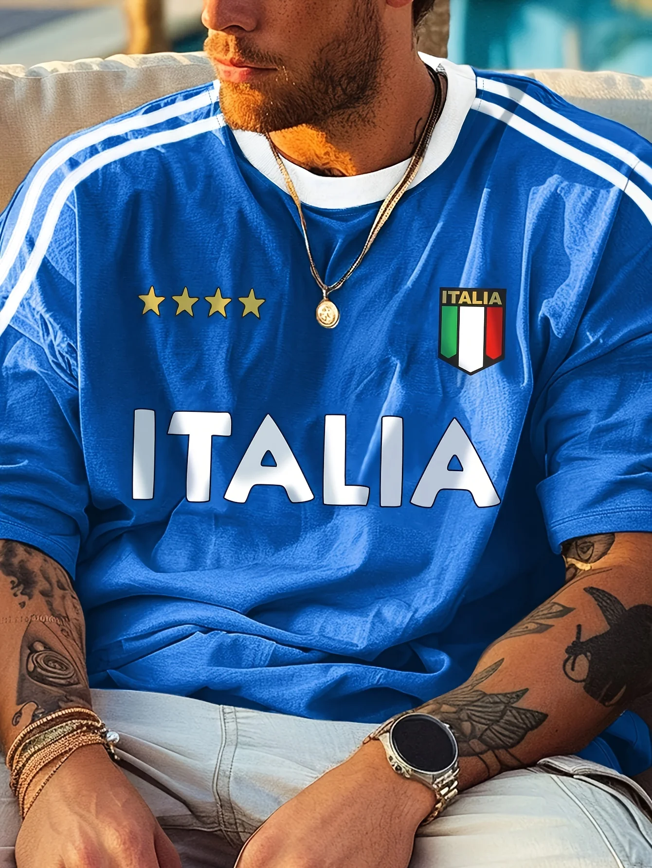 Italian flag emblazoned T-shirt -suitable for both men and women -for outdoor summer activities and football wear-street fashion