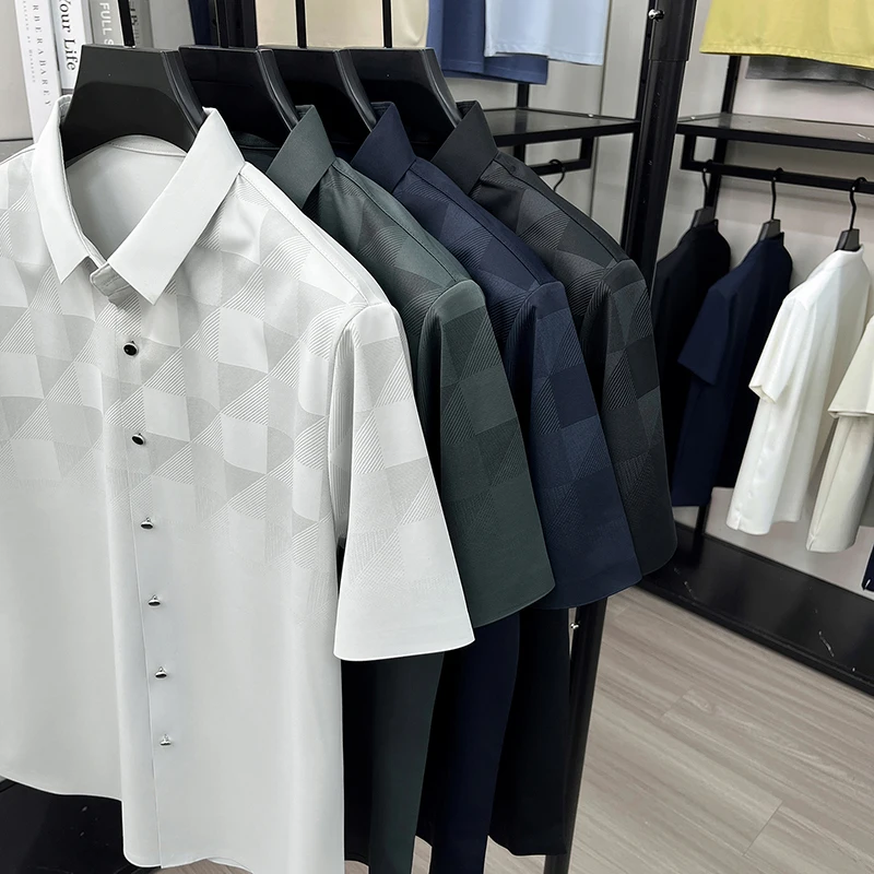2026 Summer Men Dress Shirt Ice Silk Diamond Plaid Design Short Sleeve Collar Smooth Breathable Premium Business Work Shirt Man