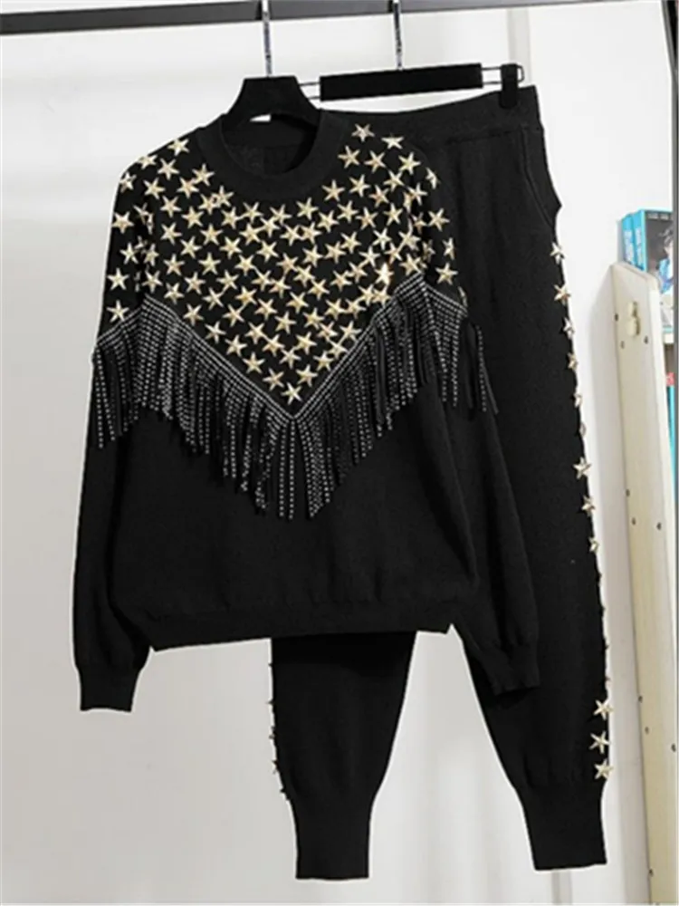 Autumn Fashion Black Gray Knit Outfits Female Chain Chain Pullover Sweater Pants Tracksuits Female Loose Knitted Set Streetwear