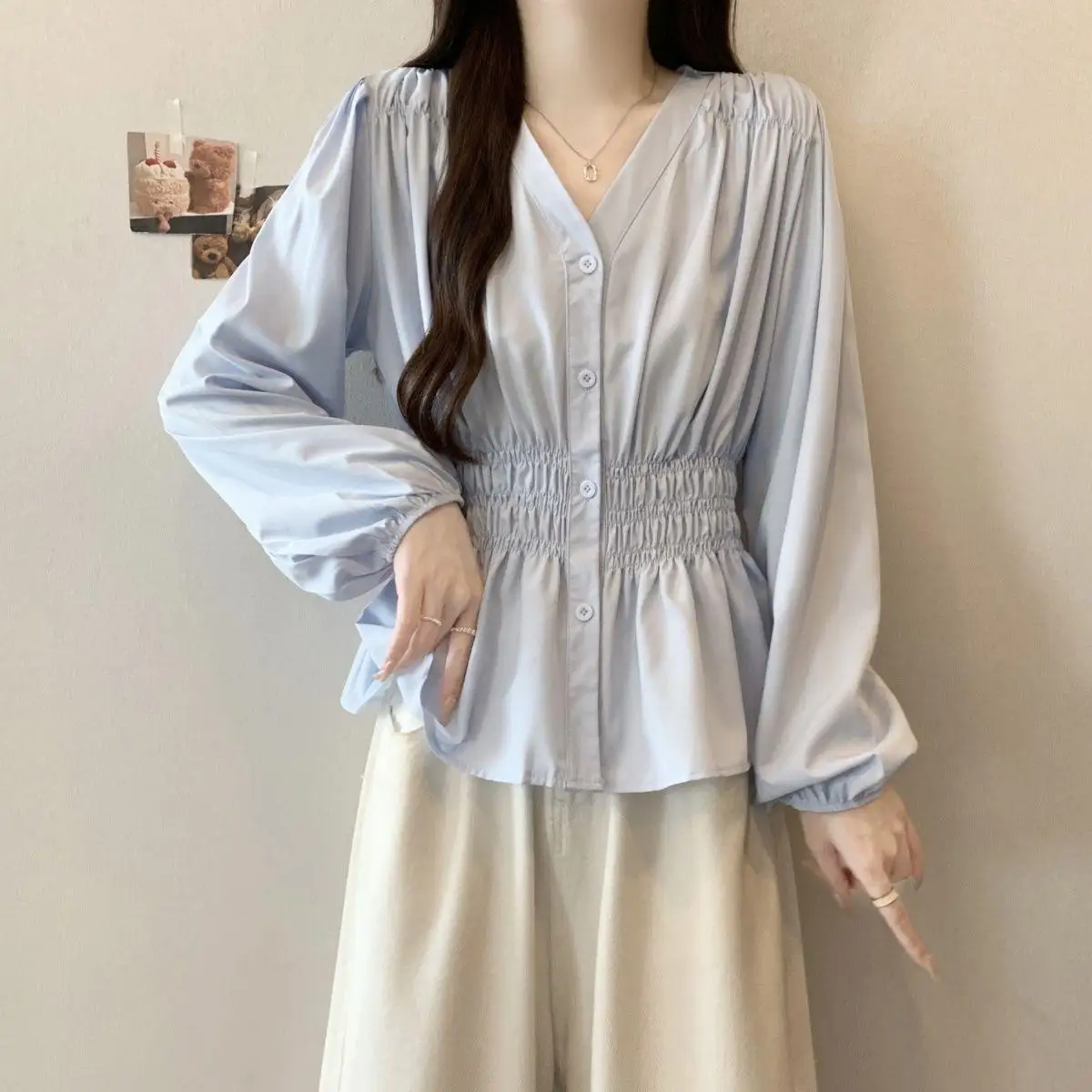 

Women's V-Neck Peplum Blouse with Smocked Waist, Long Puff Sleeve Button-Down Shirt, Casual Elegant Top for Office & Daily