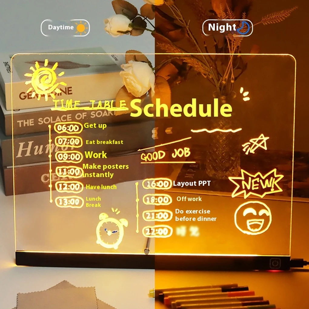 لوحة رسائل أكريليك مضيئة قابلة لإعادة الكتابة، مصباح رسائل لوحة رسم متوهجة للأطفال مع 6 أقلام ملونة