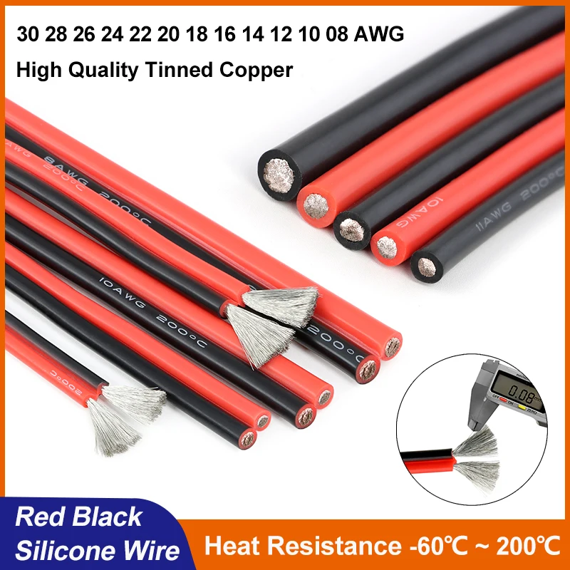 2Pins or Black Red Silicone Cables 30 28 26 24 22 20 18 16 14 12 10 08 AWG Heat Resistant Electrical Wires For Car Auto Battery
