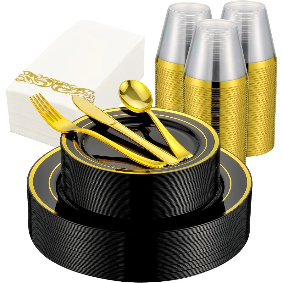 

350 PCS Black and Gold Dinnerware Set for 50 Guests with Elegant Gold Rim on Black Disposable Plates Includes 50 Dinner Plates