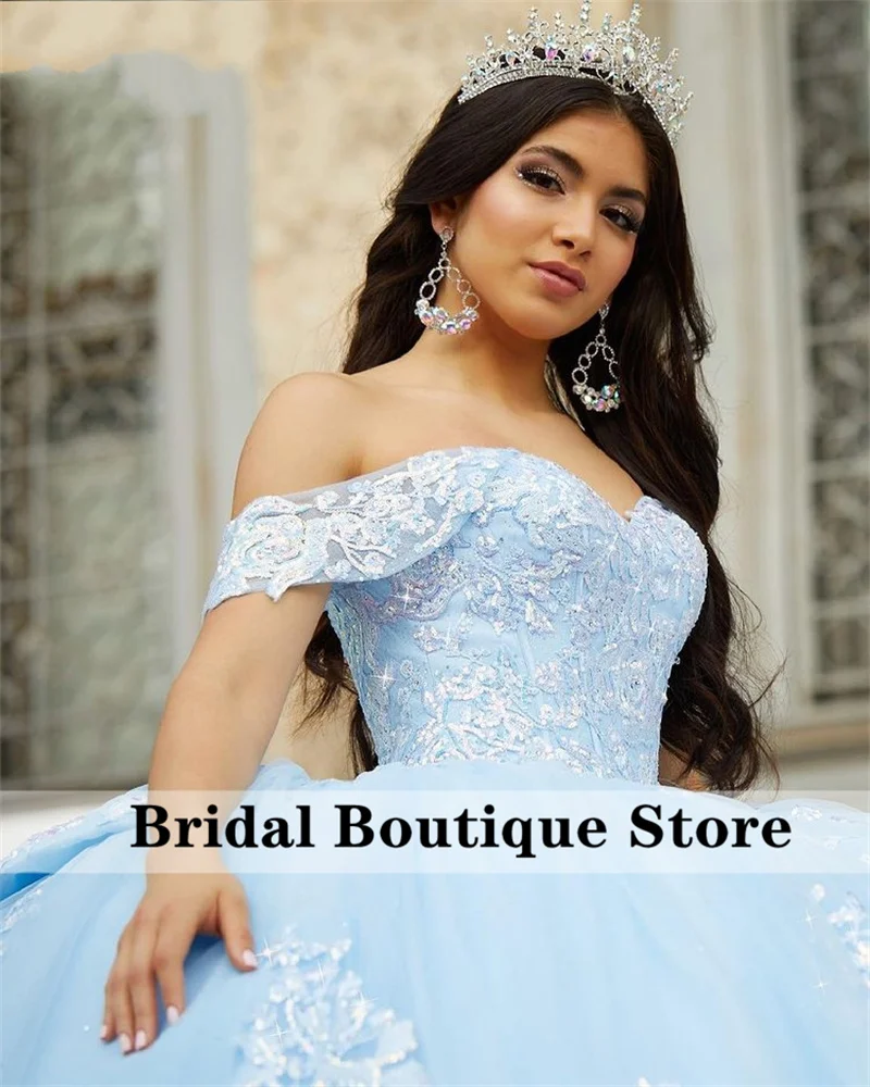 Bầu Trời Màu Xanh Bóng Gown Quinceañera Dresses 2022 Bow Tắt Vai Đính Cườm Appliques Sequins Ngọt Ngào 16 Váy Vestidos De 15 Letih 2023