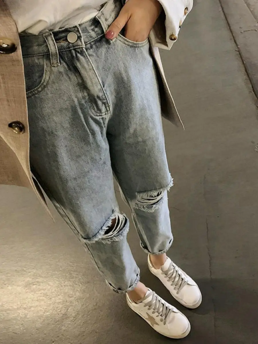 

High Waist Distred Denim Jeans Women's New Sle 2020 Autumn Straight Loose Student Slimming Korean Versatile Nine-Piece P...