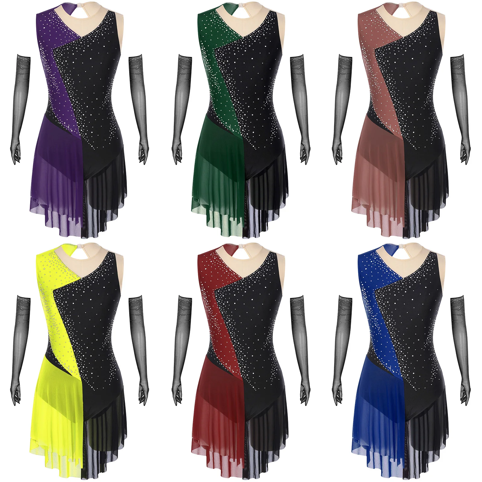 ชุดเต้นรำละตินแบบโมเดิร์นสำหรับผู้หญิง ประดับด้วยกลิตเตอร์และคริสตัล ชุดรัดรูปแบบไม่สมมาตร พร้อมถุงมือยาว สำหรับบัลเลต์และสเก็ต