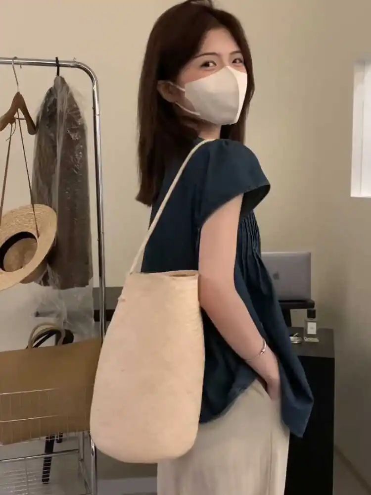 Lässiges, sommerliches, dünnes, lockeres Damen-Denim-Irt-Round-Ne-Plissee-Swe-Top, faionable, vielseitig einsetzbar, Fly Sve, atmungsaktiv