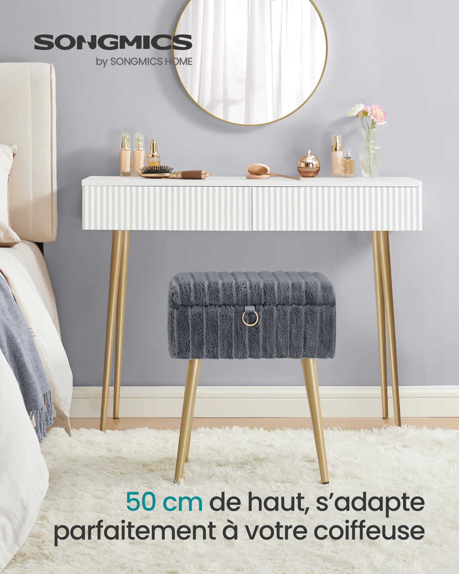 Tabouret de Coiffeuse, Tabouret avec Rangement, Repose-Pieds, Pieds en Métal, Rembourré, Pieds Réglables, pour Salon, Chambre, Dressing