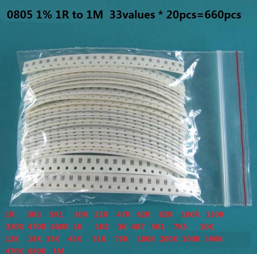33valuesX 20pcs=660pcs 0603 0805 1206 Zestaw rezystorów 1R do 1M Ohm 1% SMD Zestaw próbek DIY 3.3R 5.1R 10R 47R 62R 82R 1K 10K