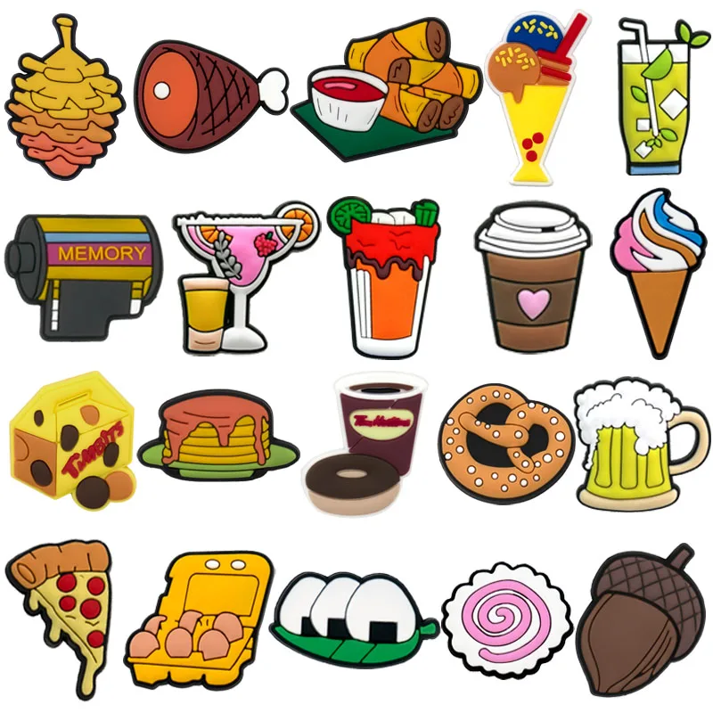 1/20pcs Cute Food Shoe Charms Cakes Doughnuts Egg Waffles Shoe Decorations Ice cream Beer Pins For Women Girls Kids Clog Buckles