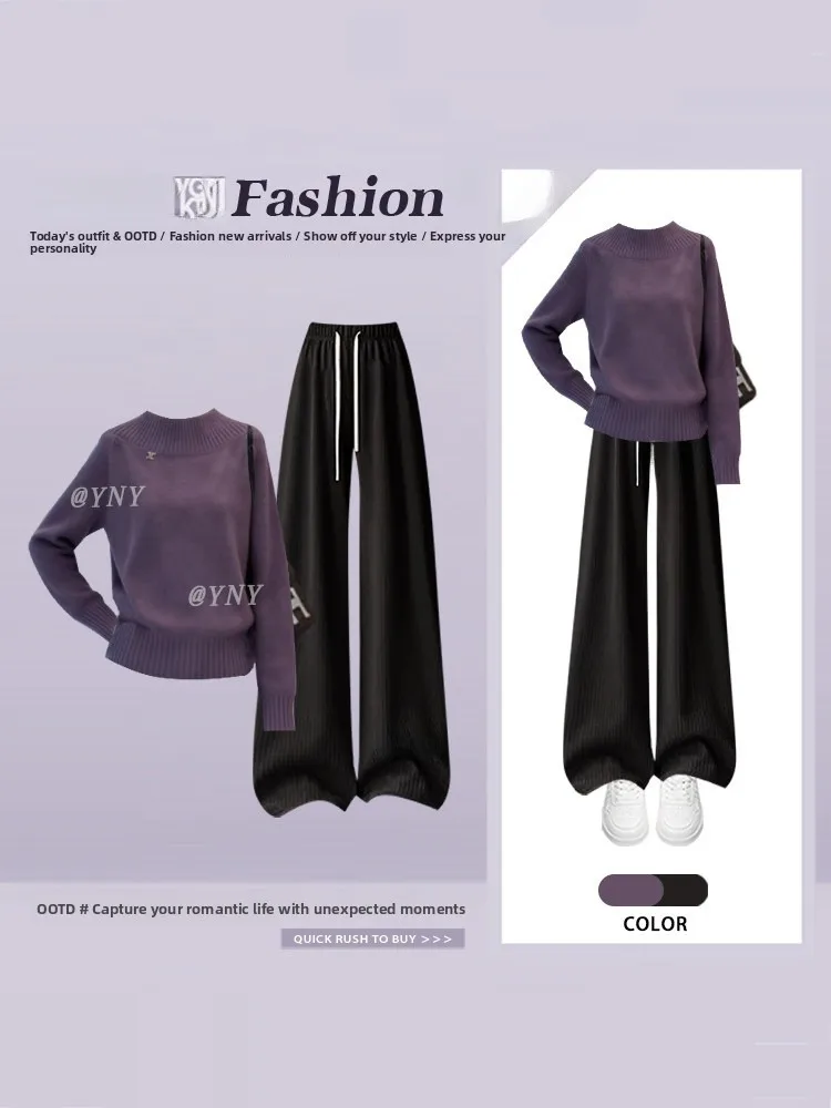 

Purple Knitted Sweater with Dstring High Waist Wide Leg Pants round Ne Two Piece Set Women's Faion Spring Casual Outfit