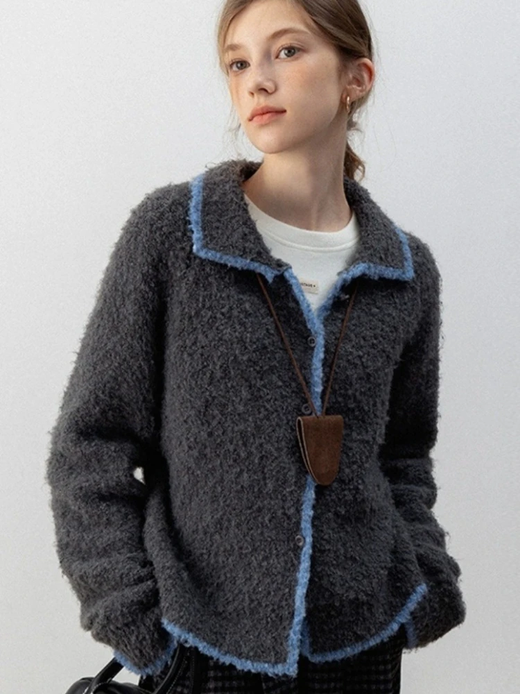 Koreanische Grau Strickjacke frauen Herbst Winter Revers Farbe Block Pullover Vintage Langarm Einreiher frauen kleidung