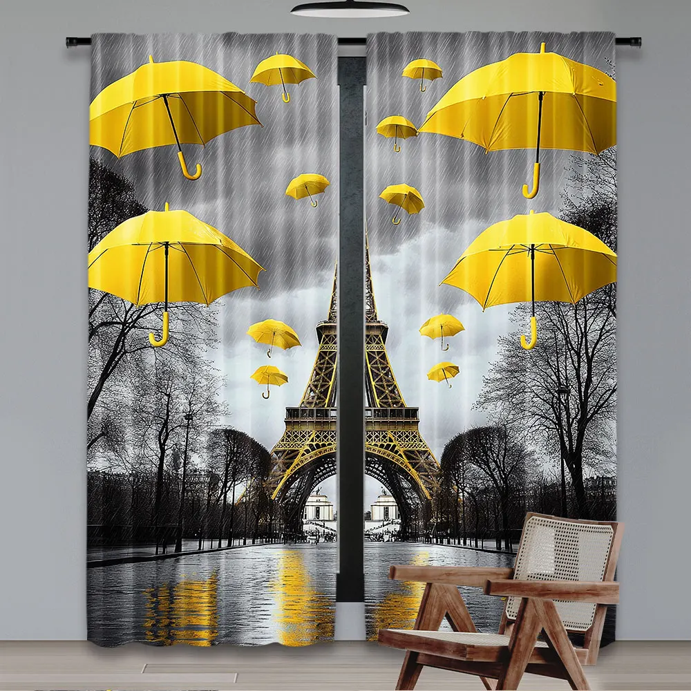 2Pcs Eiffel Tower Curtain France Paris Valentine'S Day City Yellow Umbrella Vintage Romantic European Raining Landscape Rainy