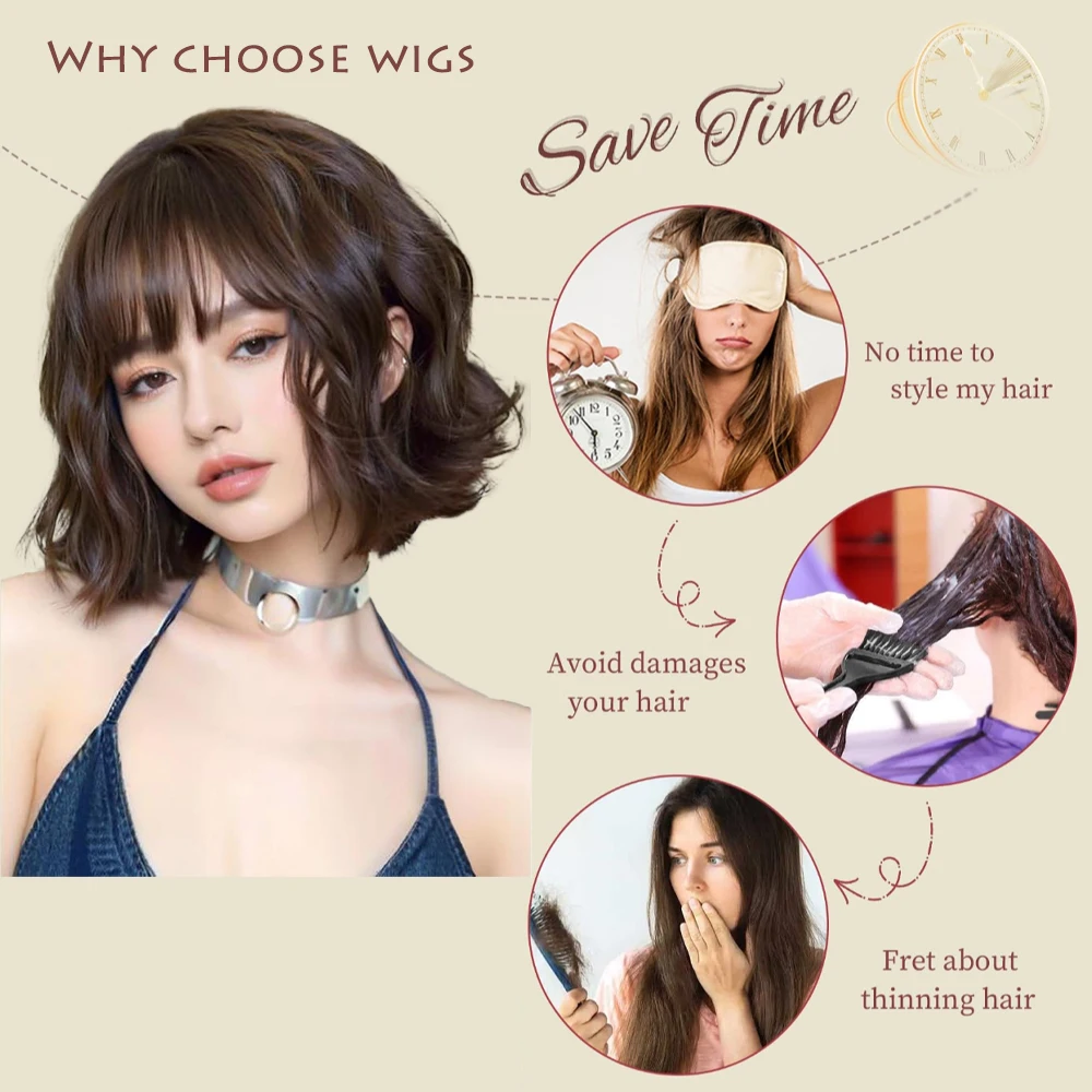 شعر صناعي مجعد قصير بطول 12 بوصة، أسود، بني، بني بارد مع غرة مناسبة للحفلات اليومية النسائية، شعر مستعار مموج طبيعي منفوش