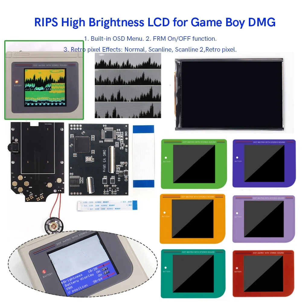 HISPEEDIDO For GB Dmg V5 Pro 36 Colors Mode RIPS Screen Retro pixel Highlight Backlight LCD Screen FRM Kits For GB DMG Shell