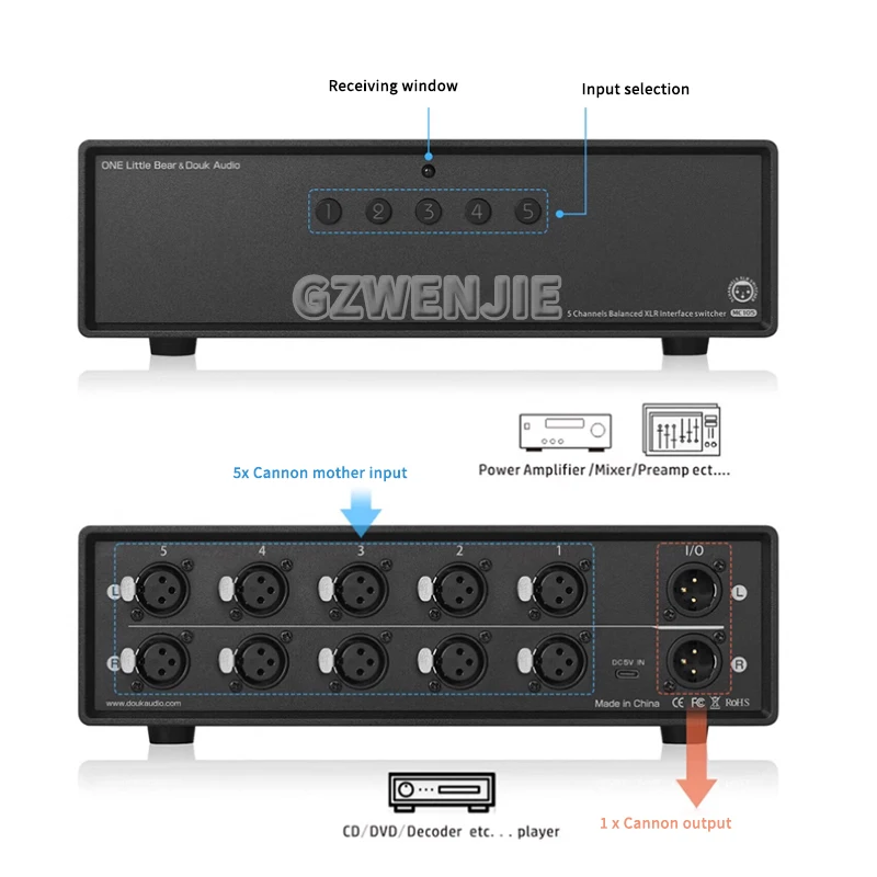 MC105 5-way XLR Selector Box Audio Switcher Splitter for Amplifier 1(5)-IN-5(1)-OUT Signal Source Selector Audio switcher