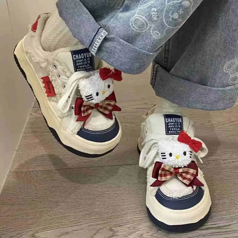 35-40 zapatos de Hello Kitty, zapatos de plataforma con lazo, zapatos blancos, estilo Preppy, zapatillas de plataforma informales versátiles para estudiantes, zapatos de mujer