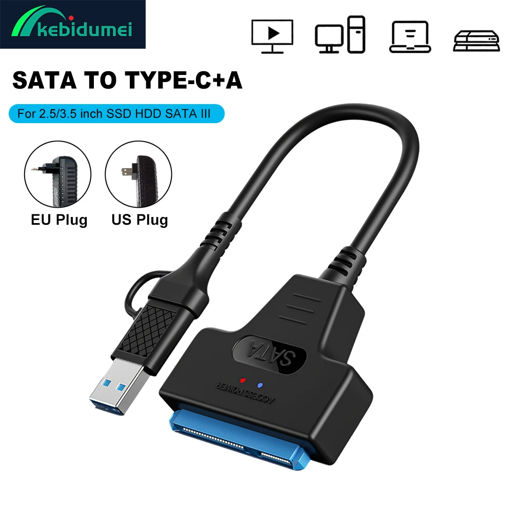 

Kebidumei SATA to Type-C USB 3.0 Cable 6Gbps Transfer 2.5" 3.5" SSD HDD SATA III Hard Drive Disk Adapter with 12V/2A EU/US Power