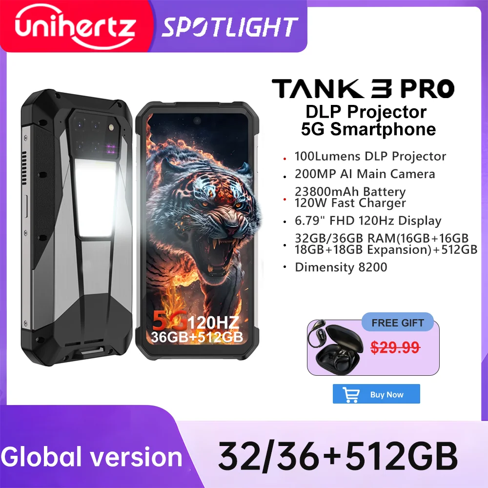 Unihertz Tank 3 Pro 8849 Smartphone resistente 5G Android con proyector de 100 lúmenes 32GB 512GB 23800mAh 6,79 "FHD teléfono impermeable