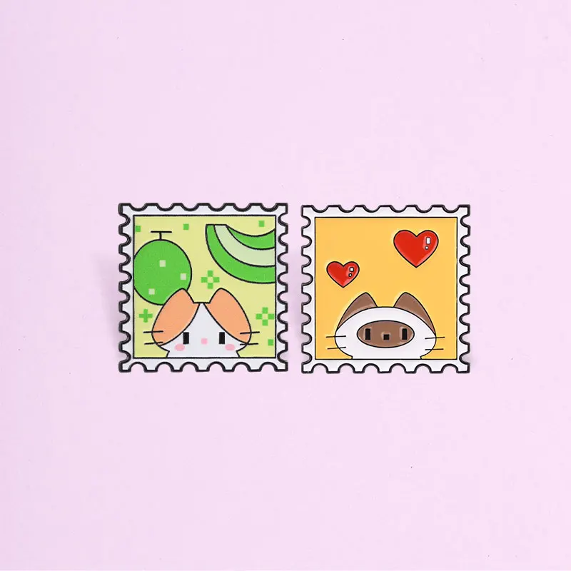 Cat Stamp Frame Enamel Badge Kawaii Animal Pin Heart Apple Banana Metal Brooch Lapel Accessory Gift For Friends