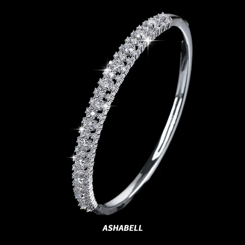 

S925 Rhodium Plated 57*47mm 2.48CT Full Row Moissanite Solid Bangle, Elegant Women's Jewelry Gift