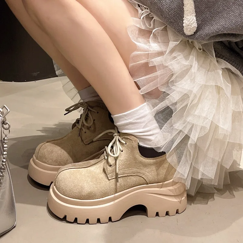 New Women Shoes Designer Large Head Platform Shoes Suede Casual Footwear Lace Up Platform Single Shoes British Style Short Boots