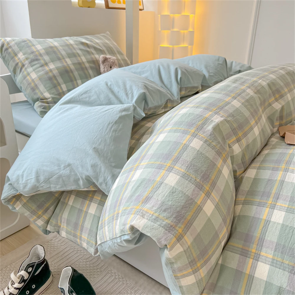 Japan Style Bedding Set Plaid Duvet Cover Set With Sheet Bedroom Decor Skin Friendly King Single Double Bedding Set Home Textile