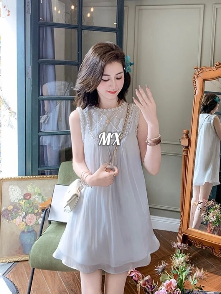 

Elegant Ladylike Off-Shoulder Beaded Dress Women's Summer New Style Slimming High-Waisted A-Line Skirt Breathable Soft Mesh