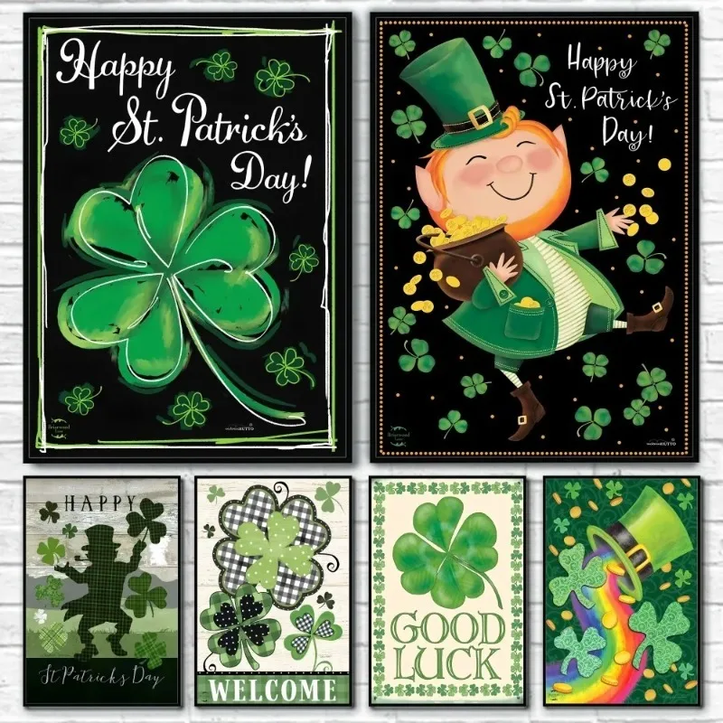St Patricks Day Green Clover Trefoil Poster Wall Art Printing Home Living Bed Room Bar Hallway Aesthetic Decor