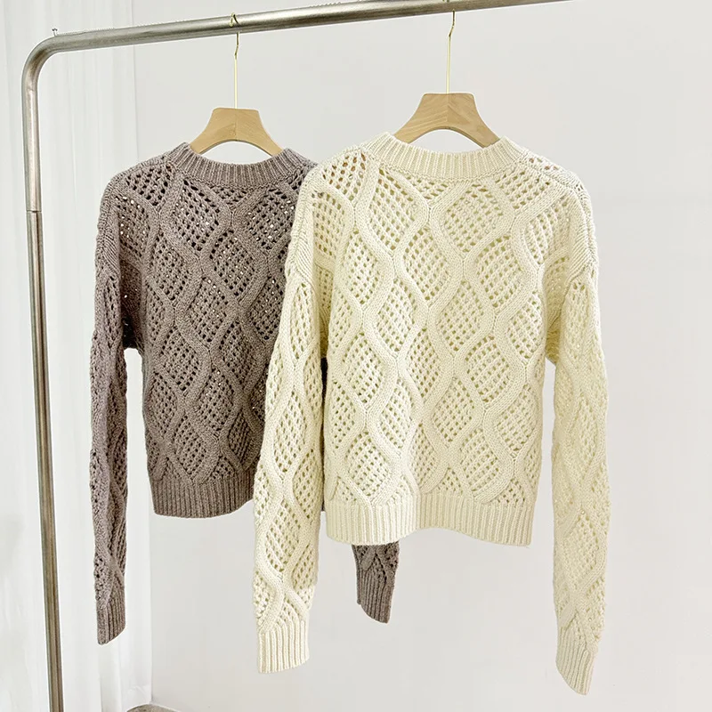 Women Sequins Argyle Sweater Hollow Out O-Neck Long Sleeve Solid Color Loose Autumn 2024 Knitted Pullover