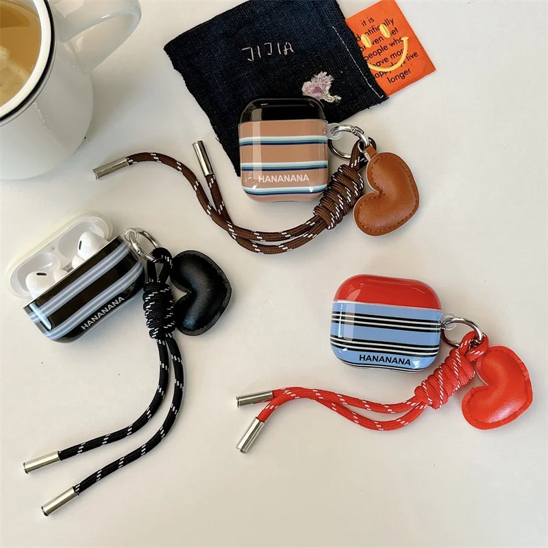 Korean Color Stripes Earphone Case For Apple Airpods Pro 2 4 3 Cover with Love Charm Strap Silicone Charging Cases For Airpod 4