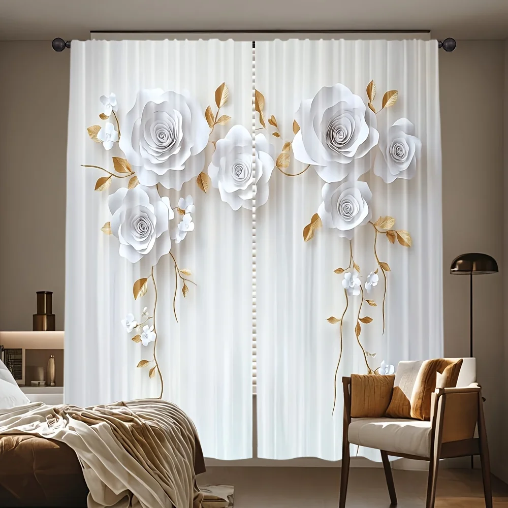 White Rose and Gold Leaf Curtains 2D Flat Printing Window Drapes Elegant Home Decor Romantic Living Room Fashion Design