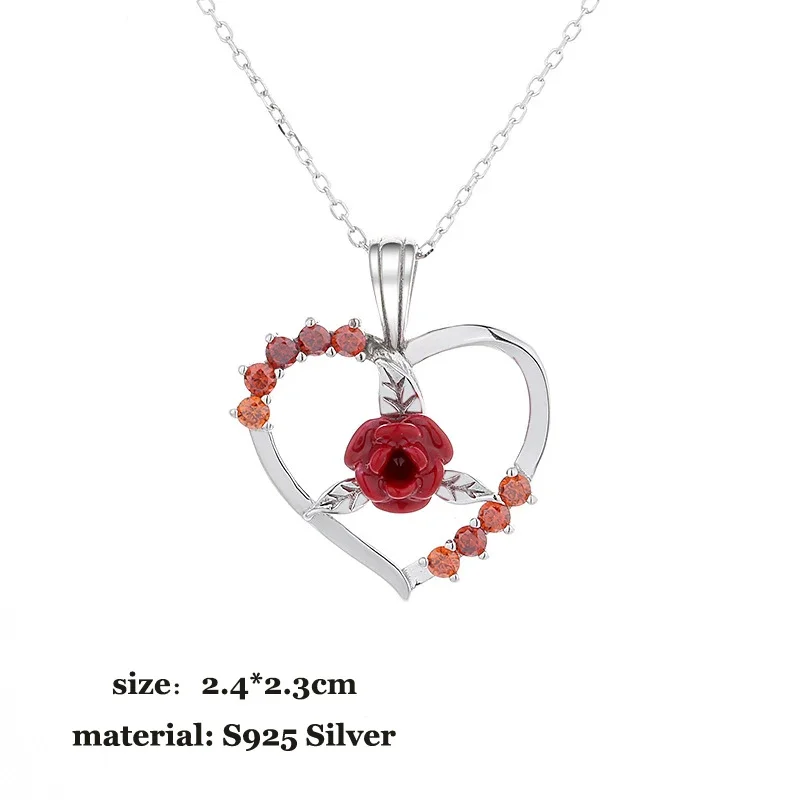 

Valentine's Day Gift Love Heart Rose Flower Pendant 925 Sterling Silver Necklace Mother's Day Fine Jewelry YLQ10318