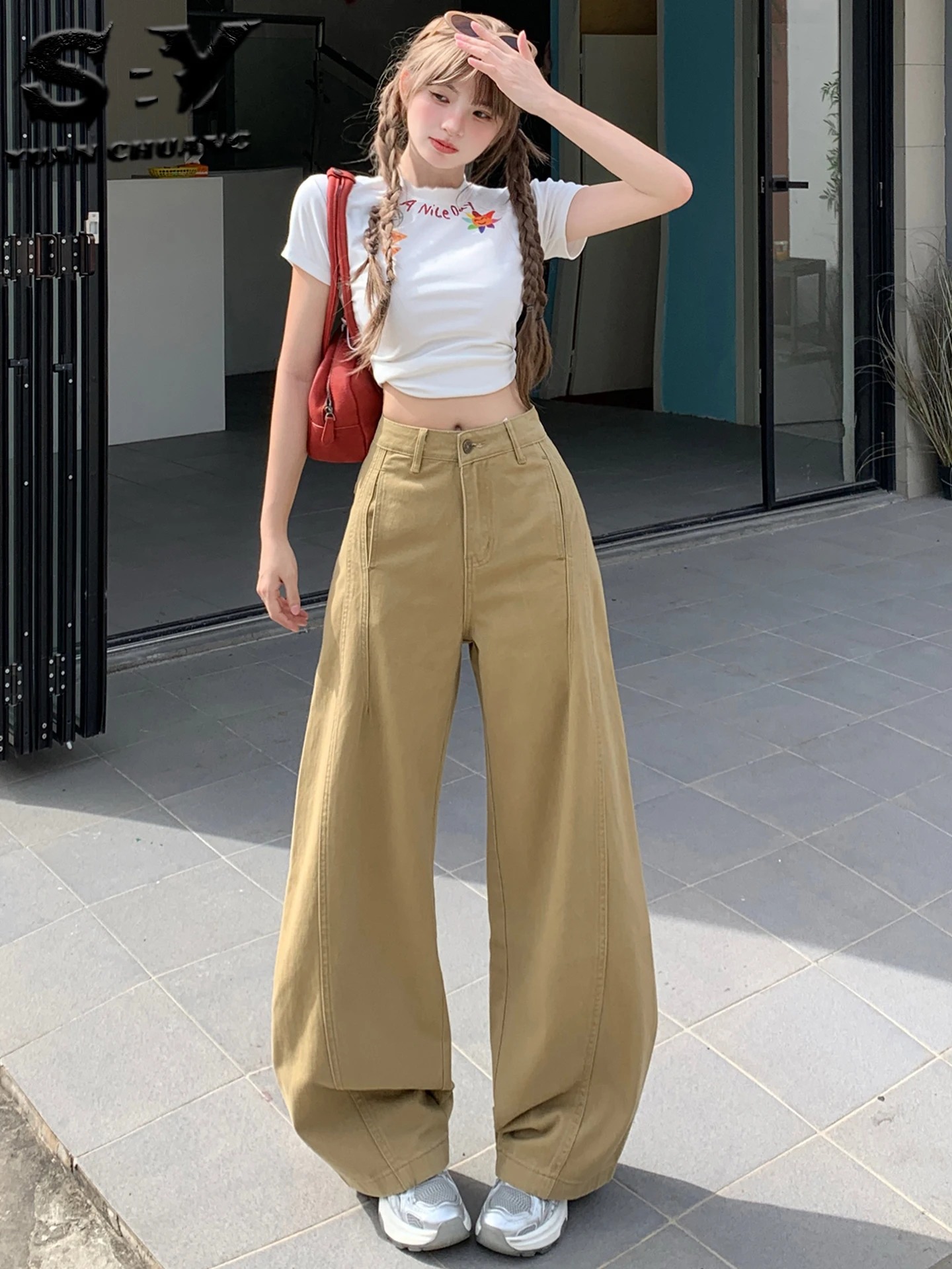 

Американские винтажные широкие джинсы цвета хаки, женские свободные утягивающие драпированные брюки длиной до пола, прямые брюки, повседневные брюки с высокой талией...