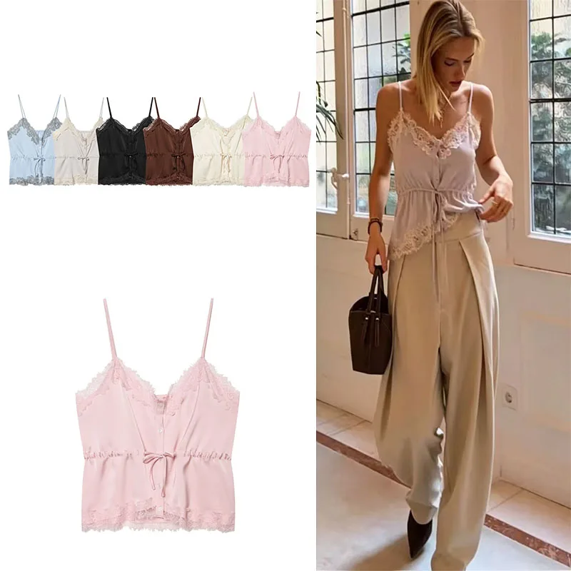 Guobioziy Women's Top 2026 New Summer Lace Patchwork Satin Texture Light Luxury Top Pure and Gentle Style Women's Camisole