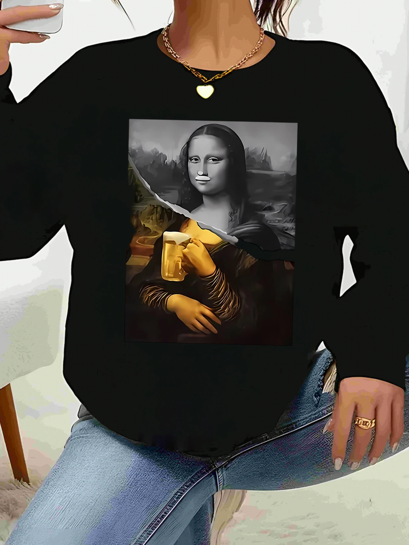 

Мона Лиза Пивная кружка с принтом Топ с длинными рукавами Хэллоуин Повседневная одежда Женская