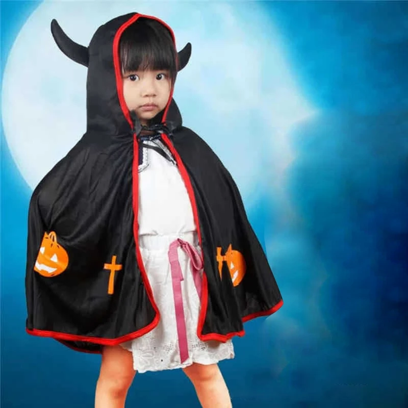 Halloween Devil Hooded Cloak Costume Cute Pumpkin Print Cape Trick-or-Treating Party Prop for Kids