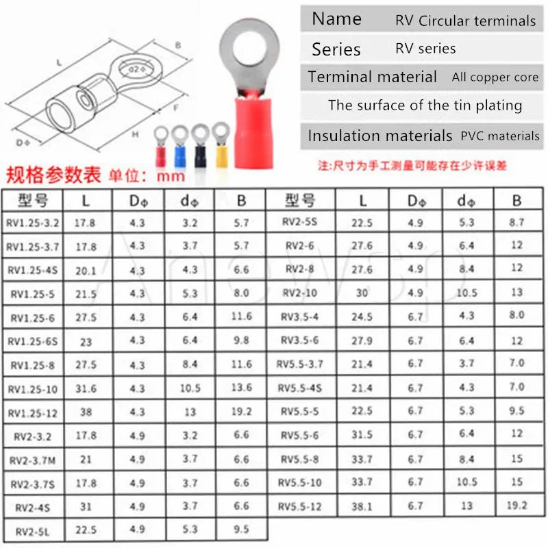 100PCS RV1.25 wire terminals circular O-type terminal line insulation terminal cold-press copper nose circular line connector