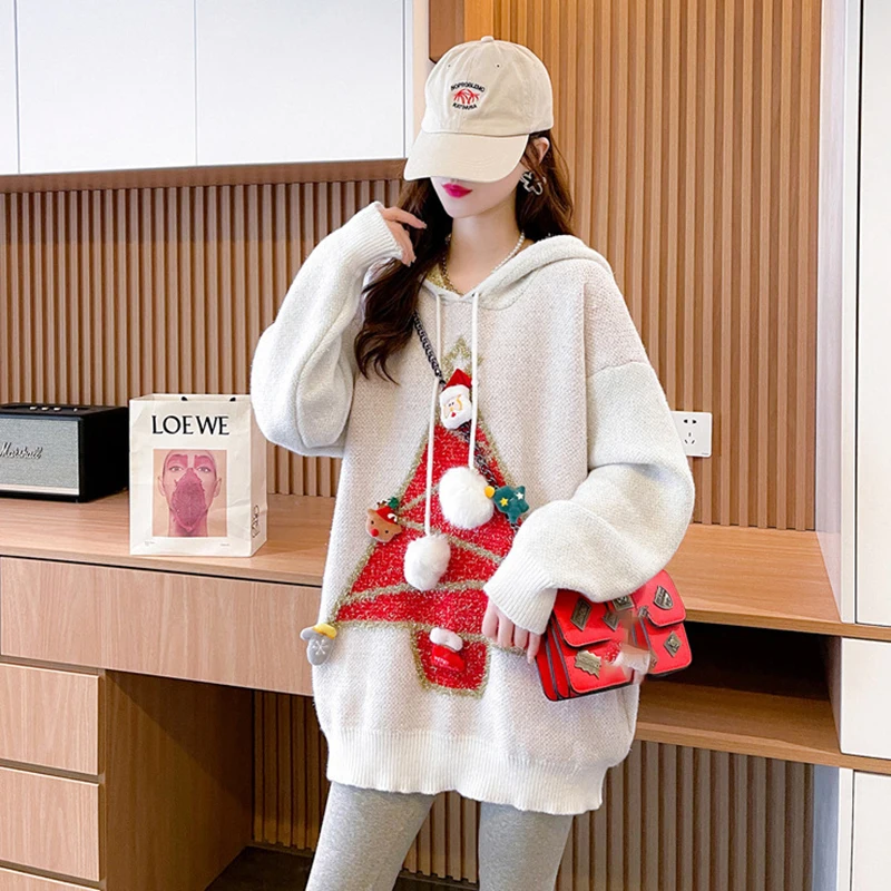 クリスマススパンコール付きフード付きセーター女性のための新年巾着赤ニットプルオーバートップスアメリカンカジュアルレトロニットトップ