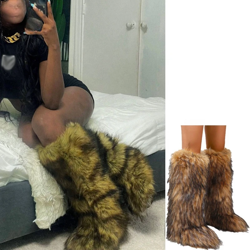 

2023 Winter Over The Knee Fur Boots Women Luxury Fluffy Furry Fur Long Snow Boots Female Sexy Warm Plush Cotton Boots