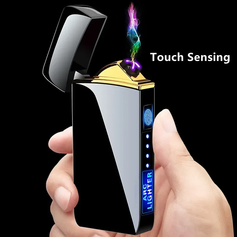 Windproof Electric Metal Lighter Double Arc Flameless Plasma Lighter USB Rechargeable LED Power Display Touch Sensor Hot 2024